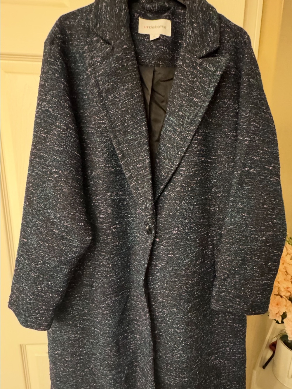 Beautiful Liz Claiborne Navy Tweed Coat with Green and Lavender Flecks!